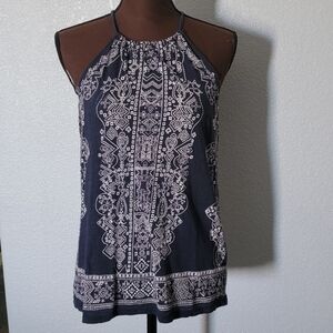 Lucky Brand Navy and White Patterned Halter Top